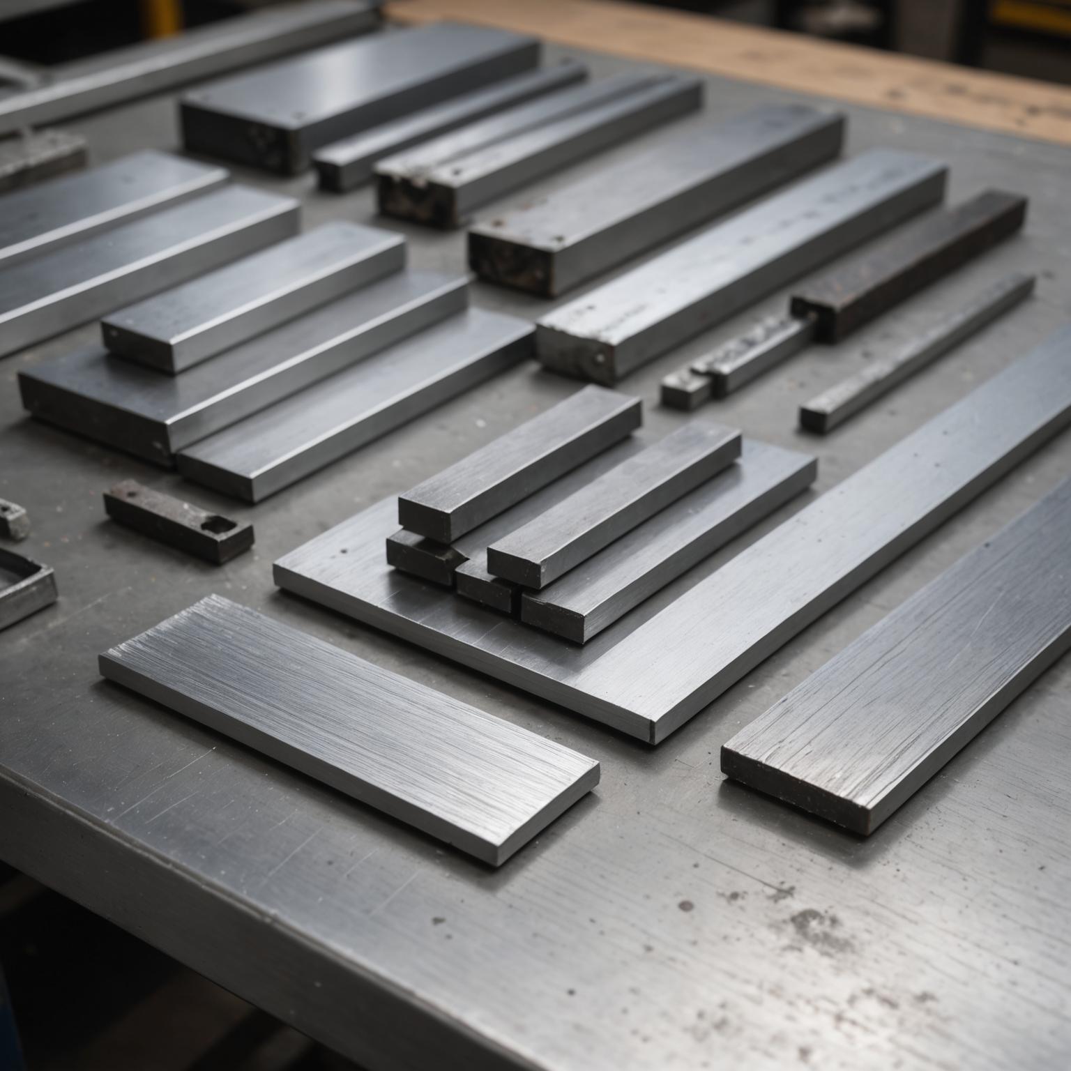Aluminium and steel material samples on workbench