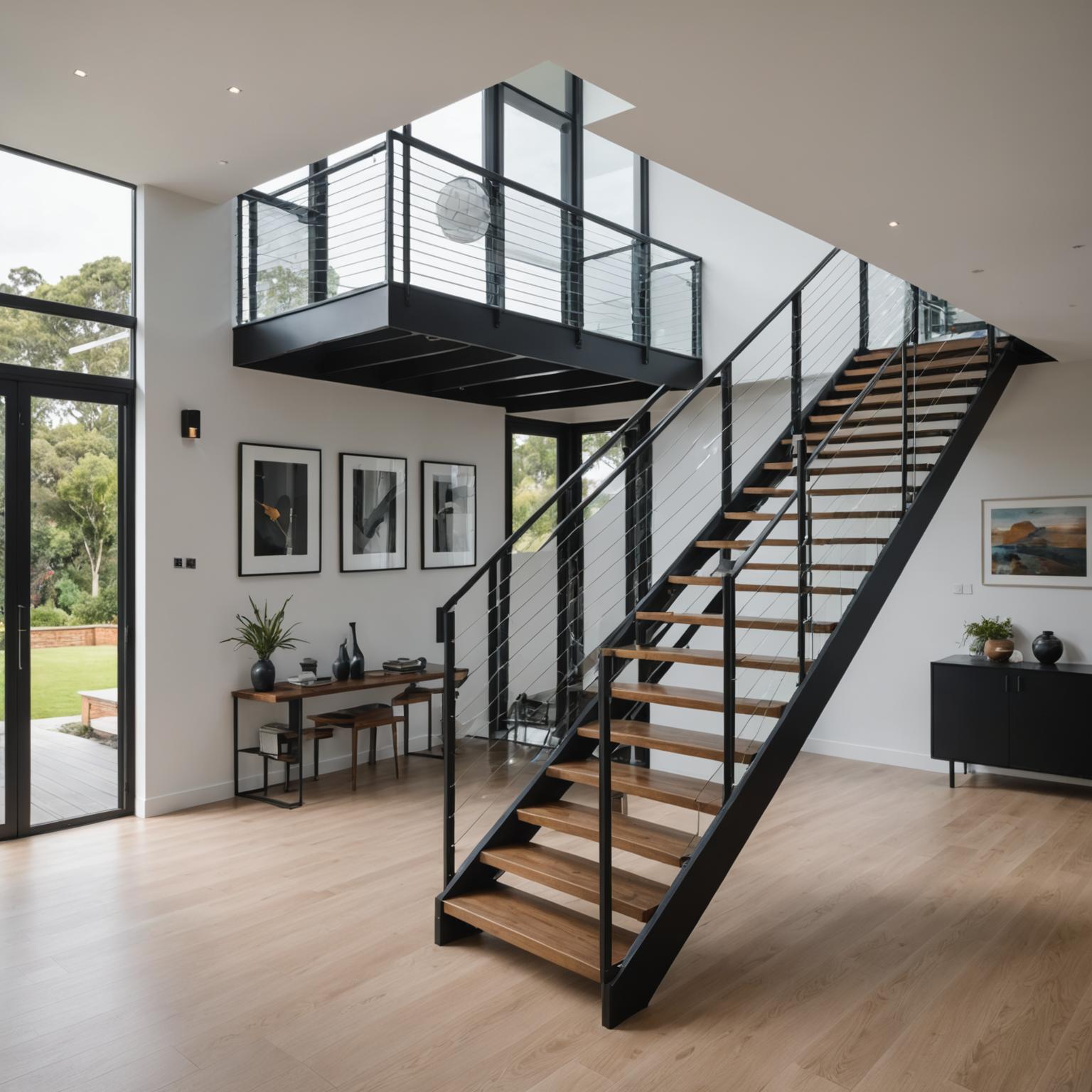 Custom steel staircase being assembled in a modern residence