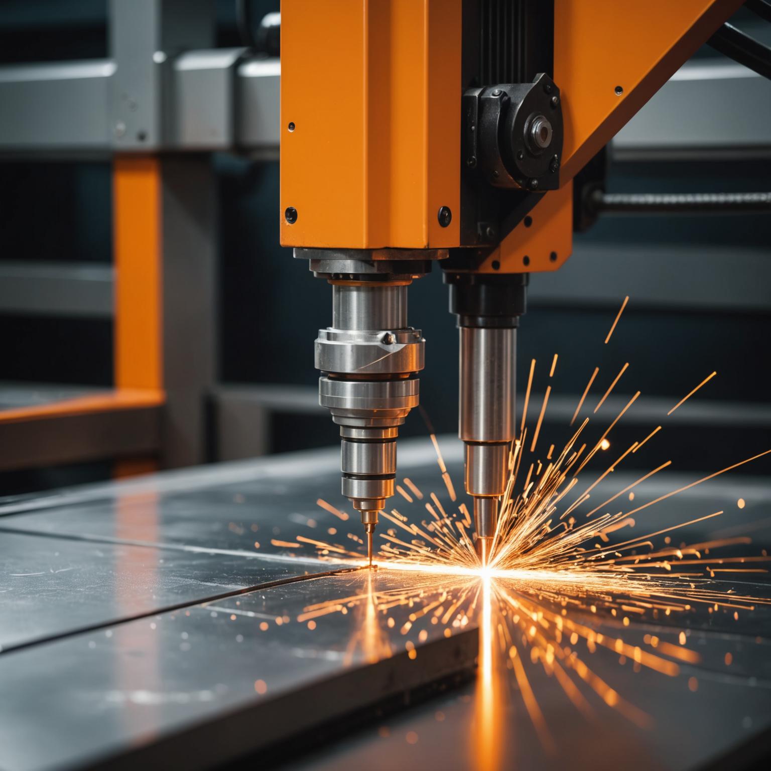 Fibre laser cutting head creating sparks while cutting steel plate