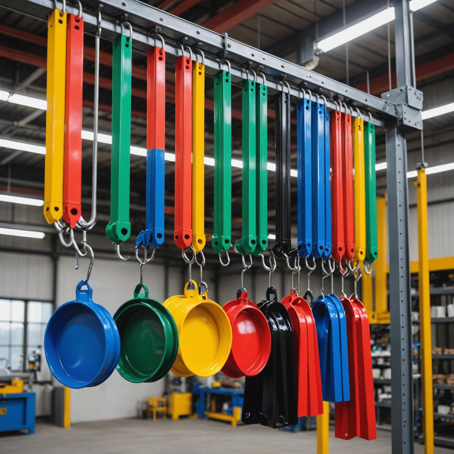 Freshly coated metal parts in various RAL colours hanging in curing oven