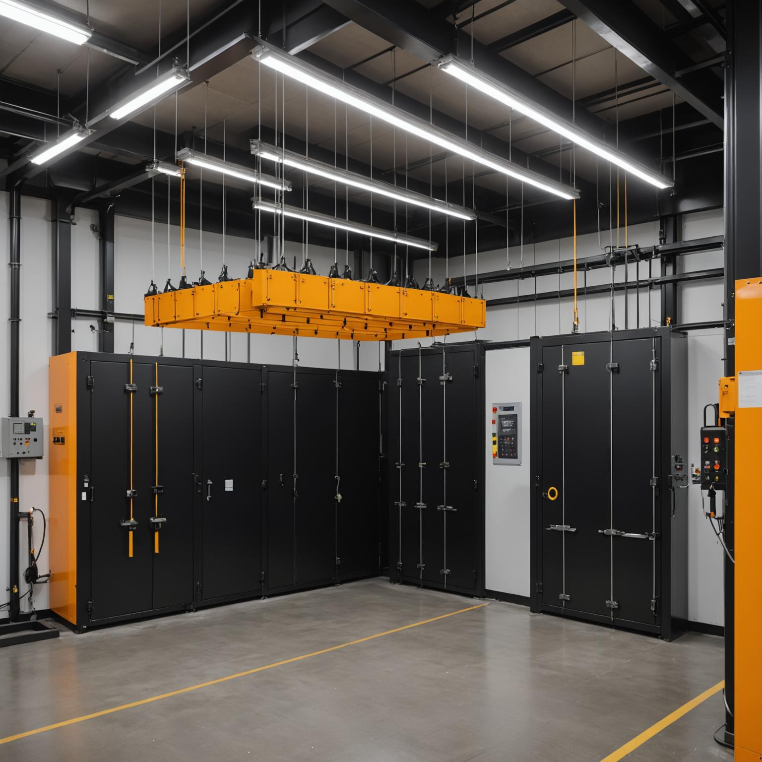 Powder-coated metal panels drying in curing oven