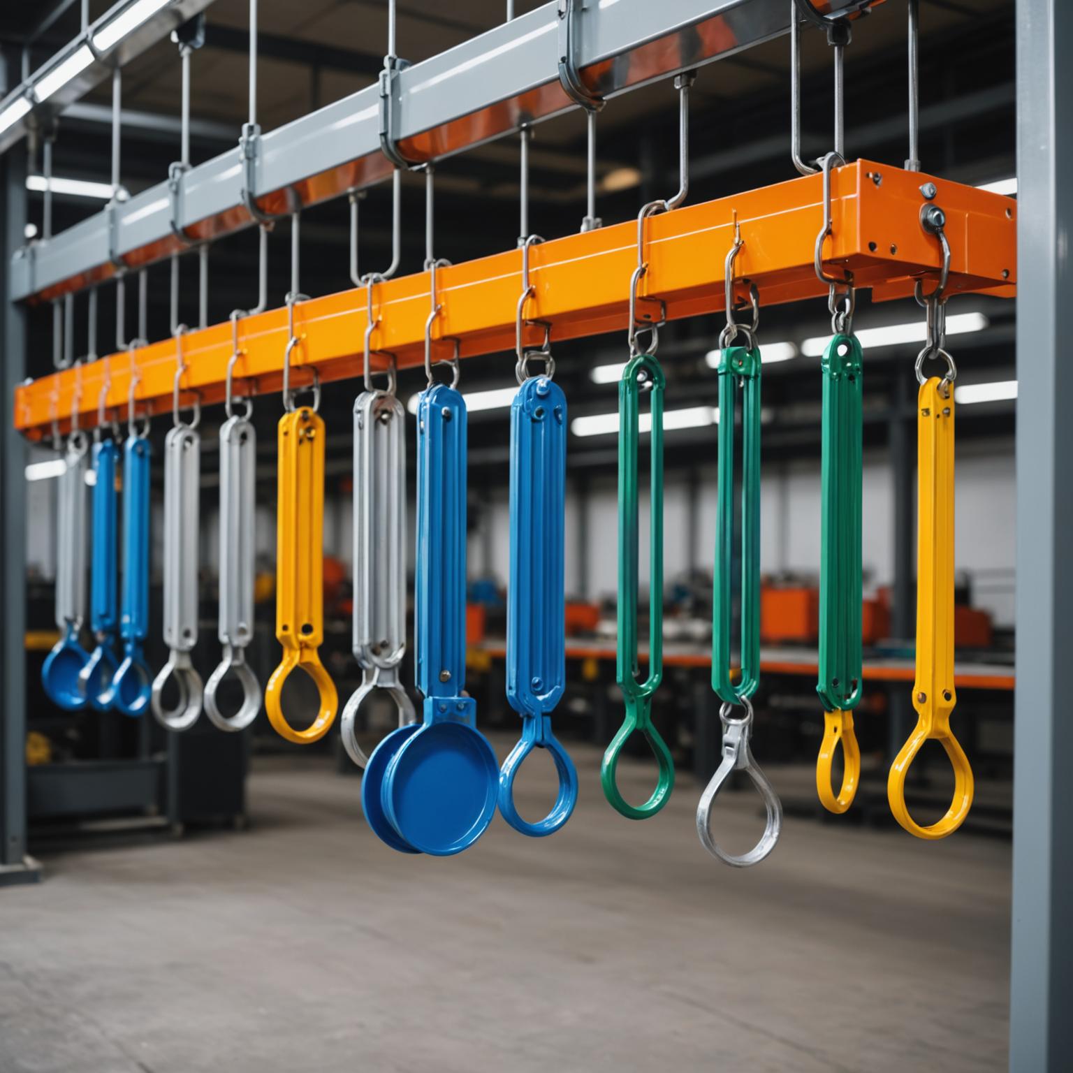 Freshly powder-coated metal parts hanging on rack
