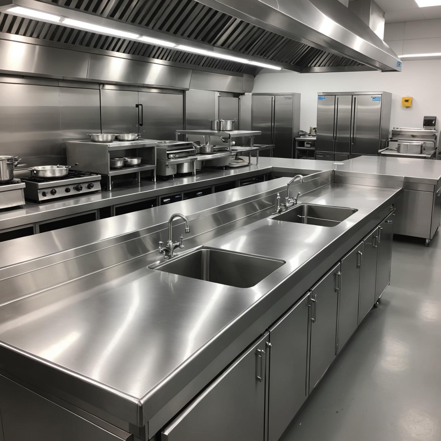 Polished stainless steel commercial kitchen bench