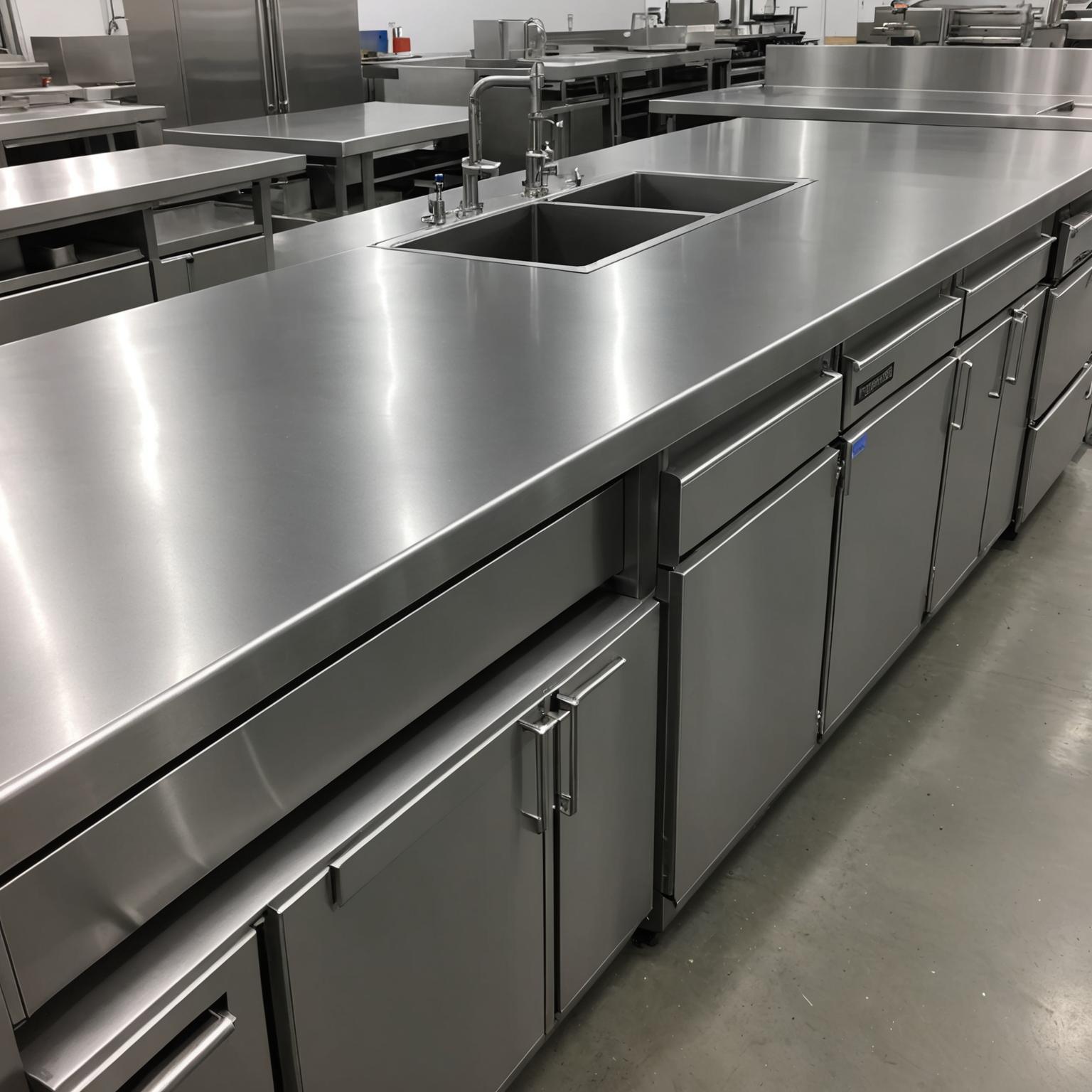 Stainless steel commercial benchtop with polished surface