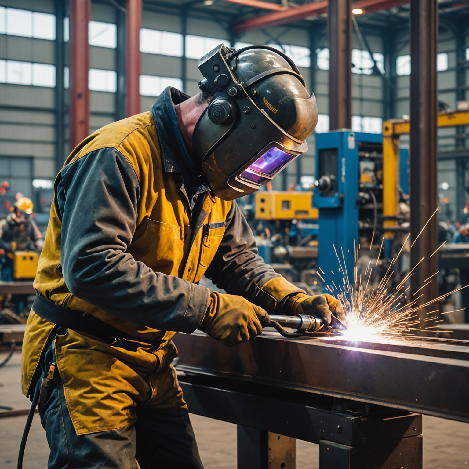 Welder fabricating structural steel beams in workshop
