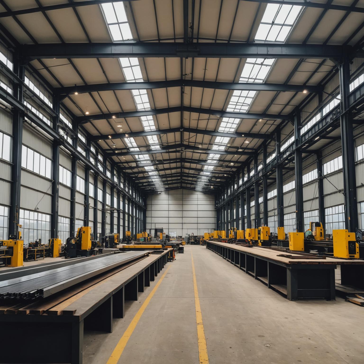 Structural steel beams and columns in fabrication workshop