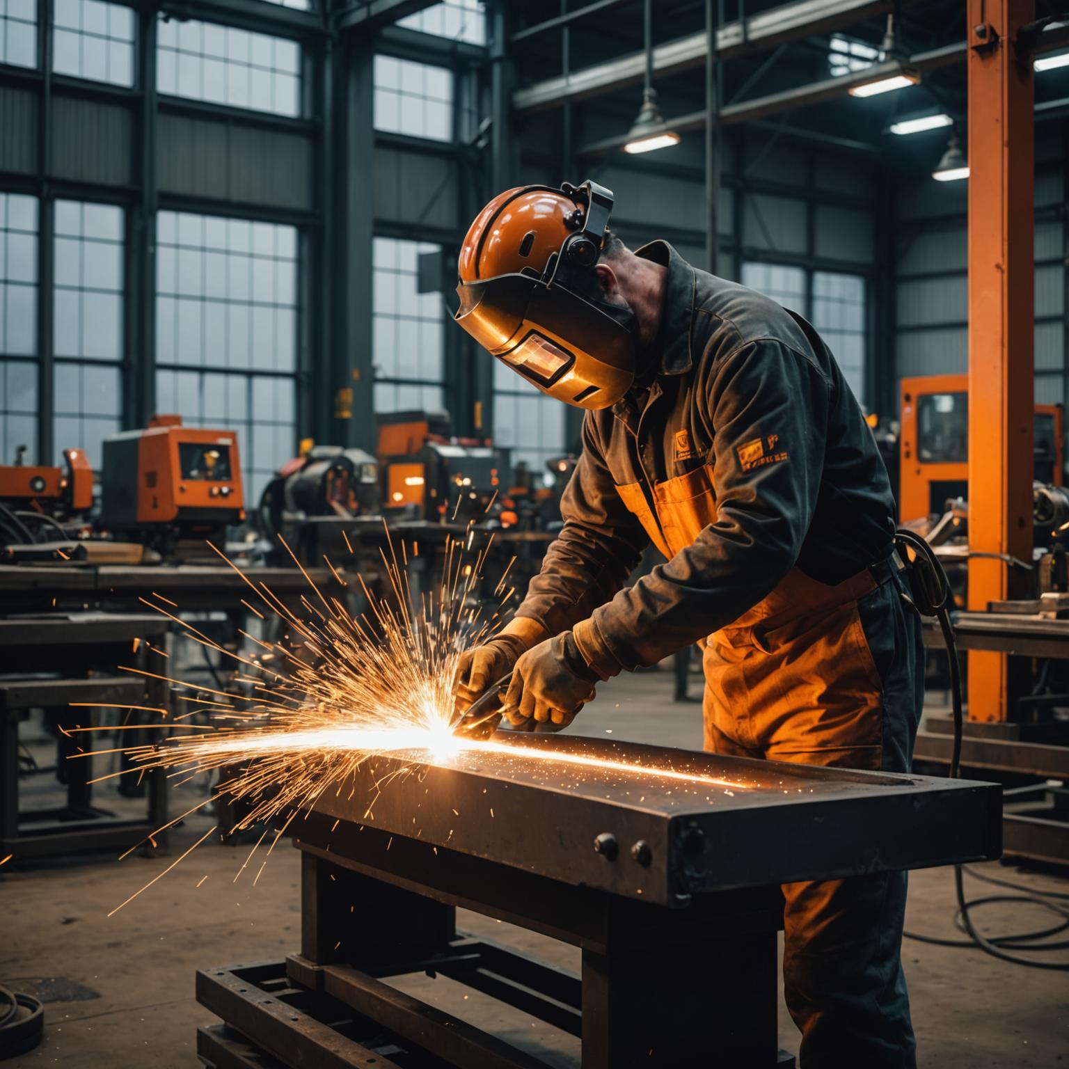 Metal fabrication workshop with sparks flying from precision welding